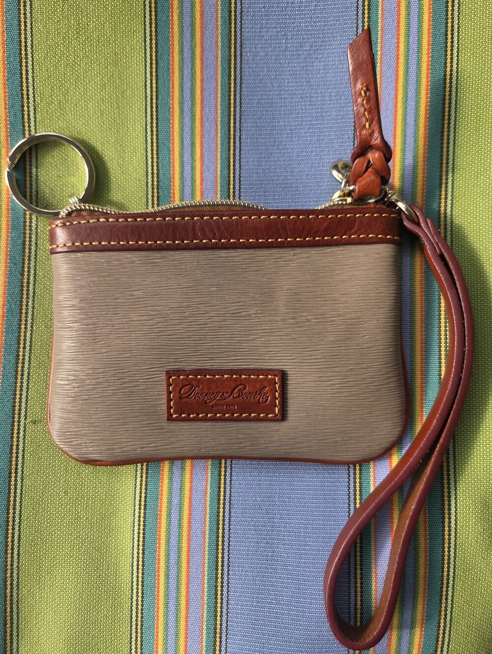 Dooney & Bourke Grey Clutch with Brown Leather Trim Wristlet, Key Ring